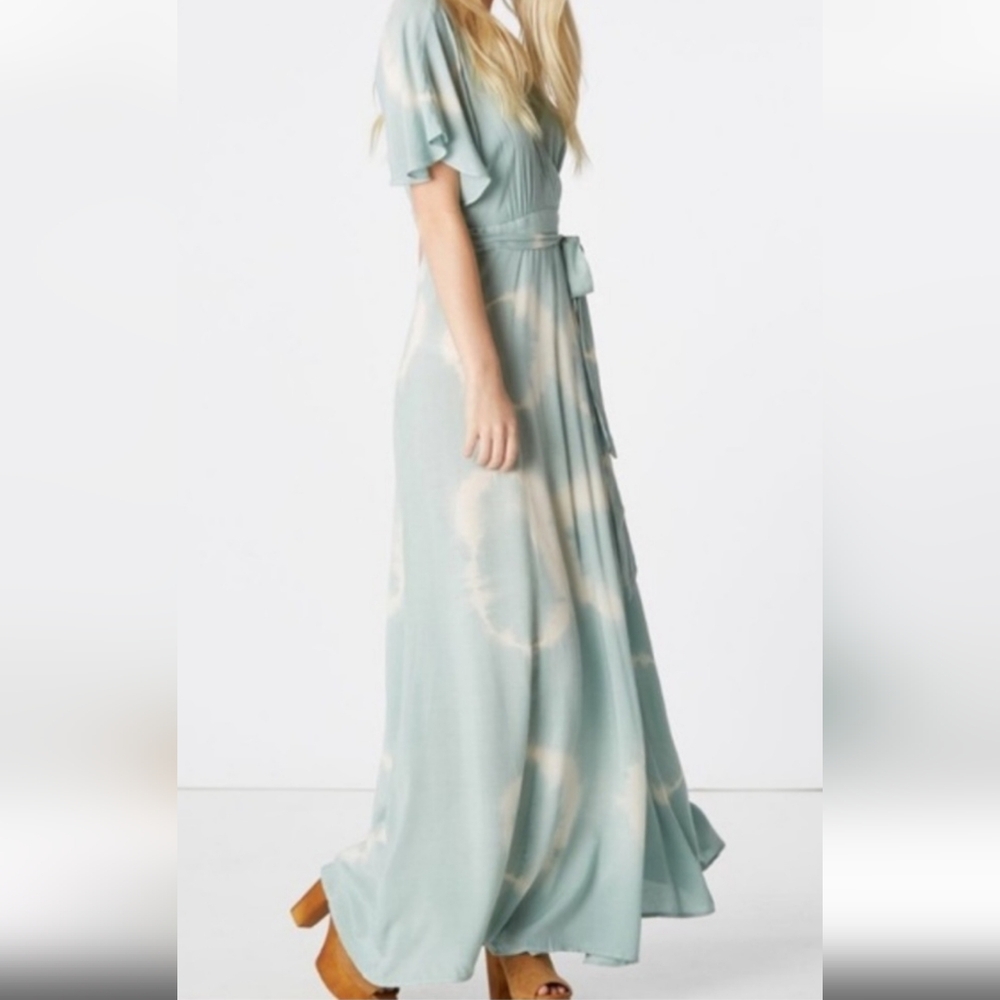 Lulus Womens Tie-Dye Dusty Sage  Kimono Slv Wrap Maxi Dress Pullover Oversized S - Picture 14 of 15